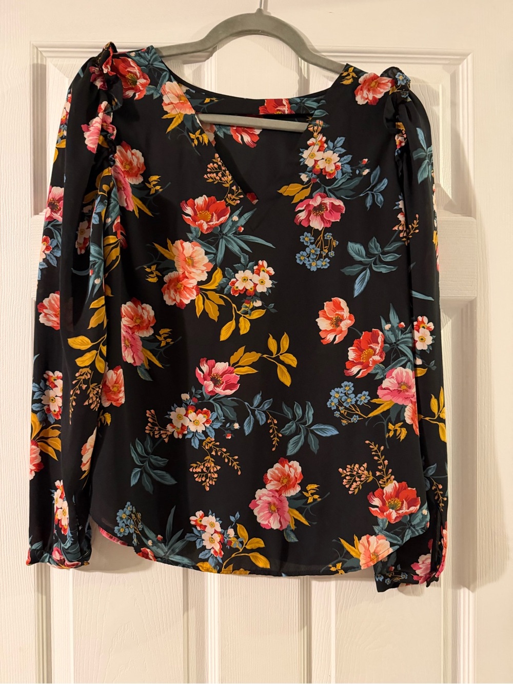 LOFT Black Floral V-Neck Long Sleeve Blouse with Pink & Yellow Blooms
